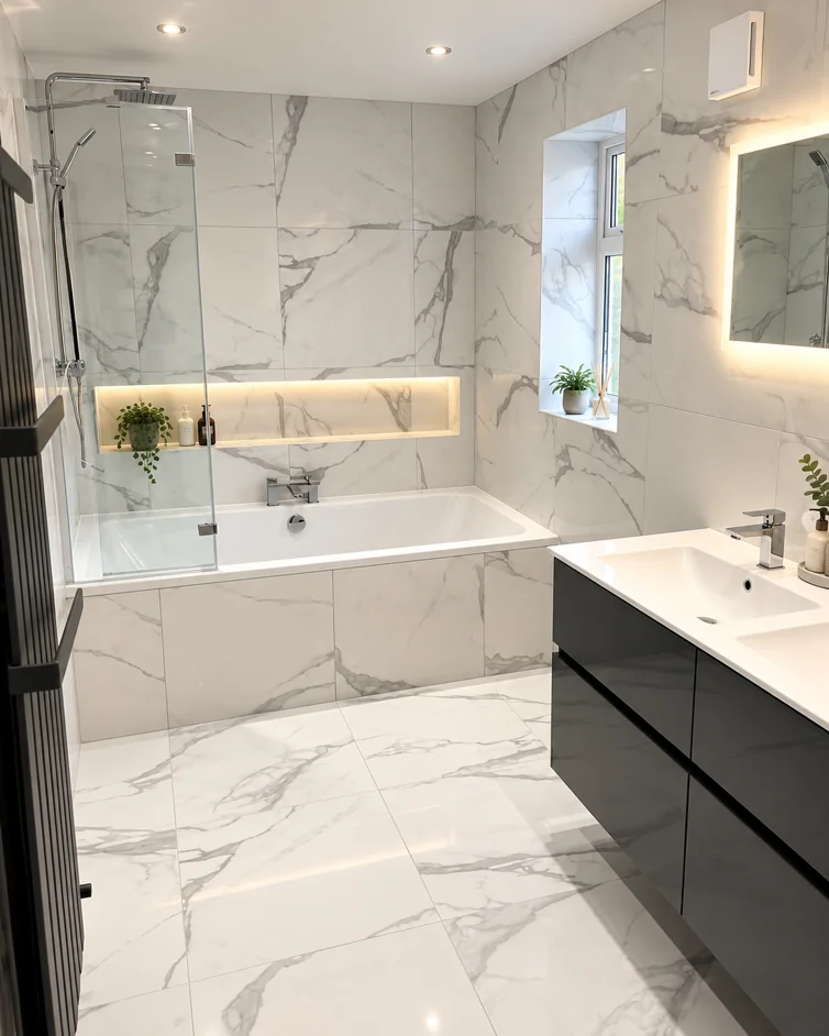 Modern bathroom with wood slat shower completed by Wayne Wrankmore in Henleaze, Bristol